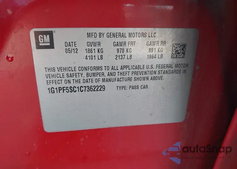 2012 Chevrolet Cruze 1Lt из США, поврежденный, VIN 1G1PF5SC1C7362229